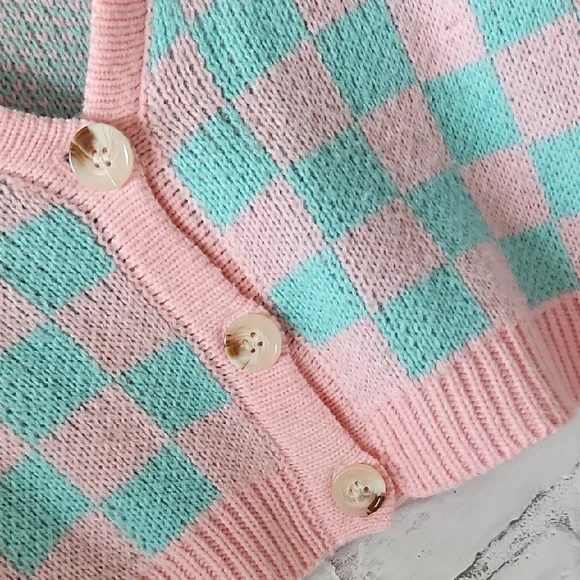 Pink and Blue Checkered Women's Sweater - Picture 2 of 2